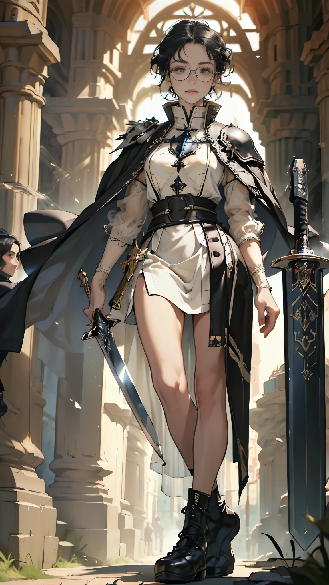 (((((middle age woman))))), masterpiece, ultra detailed, 8k portrait, RAW photo, portrait photography, highly detailed face, ((Fantasy)), 1 woman, solo, (((female knight))), (((standing))), (((((tall woman))))), (((small eyes))), glasses, (((straight black short hair))), (hide eyes long bangs:1.5), (((white skin color))), (((breast armor and see-through micro skirt))), (((black long cloak))) fluttering in the wind, (((high cut iron shoes))), (((equip a long sword and large shield))), Midday Sun, hyper realistic, Body model, Small breasts, Beautiful breasts, (big butt), (thick thighs), Long legs, in the medieval adventurer's guild, Ambient lighting, Shadow details, Camera focus on face, strong breeze, Light fog