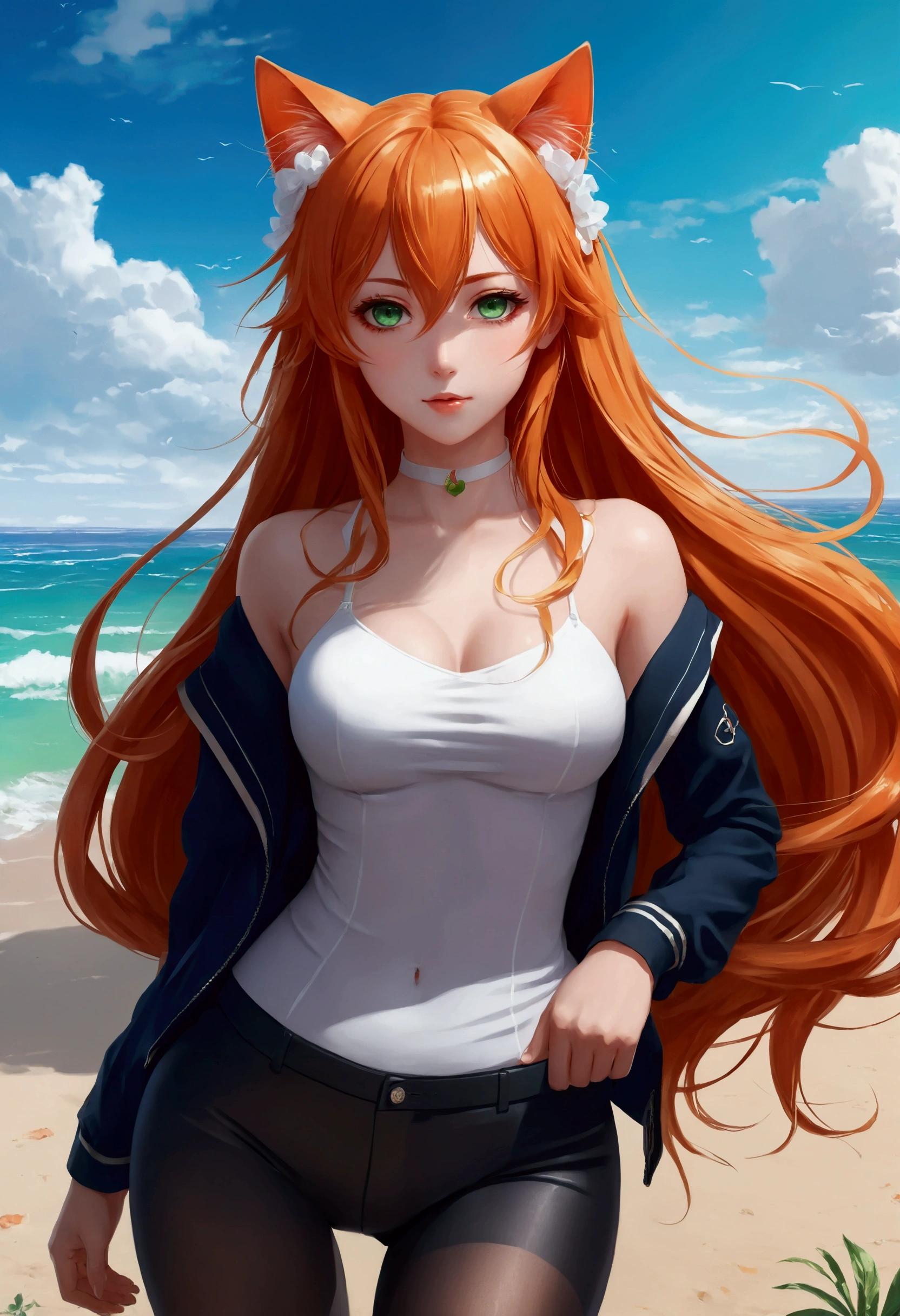 anime girl with long orange hair standing on beach near ocean, green eyes detailed digital anime art, cat ears, , anime girl with long hair, smooth anime cg art, anime girl with long hair, average breast size, digital anime art, artwork in the style of guweiz, beautiful anime portrait, photorealistic anime girl render, Shiny rubber pants, beautiful anime girl, advanced digital anime art, pantyhose, guweiz on artstation pixiv upscale HD UHD HQ
