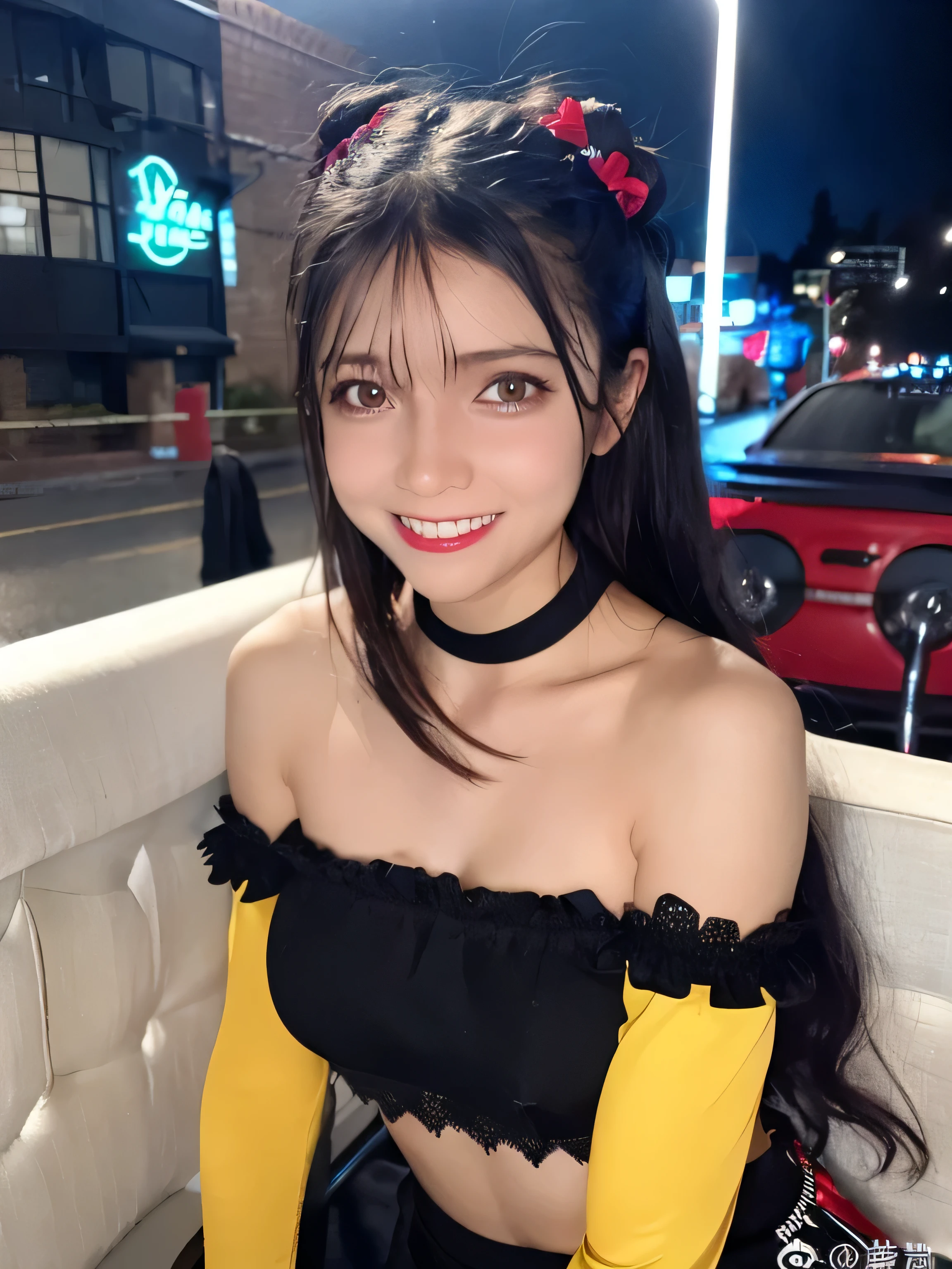 (8k, Best Quality, masterpiece:1.2), (Realistic, photo-Realistic:1.37), Super detailed, 1 girl,cute, Alone, (Tifa Lockhart), (Small breasts),(beautiful detailed eye), (smile:1.2), Neon Light, Depth of written boundary, Dark intense shadows, Sharp focus, car, Bike, Good composition, Green glowing light, Final Fantasy, Date,(鼻がredくなる), 片Elbow pads, Ankle boots, Black Hair, Black Skirt, black Thai High, red boots, Elbow Gloves, Elbow pads, Fingerless gloves, A tight shirt, Play sports often, (suspender Black Skirt), Thai High, White tank top, whole body, lips beautiful face long hair tied low, Headrest, (red_eye), Yellow Flower, (night:1.3), Complex, Bokeh, Cinematic Lighting, (Tetsuya Nomura), (Urzan-6500:0.3),walk ,Have a weapon, 