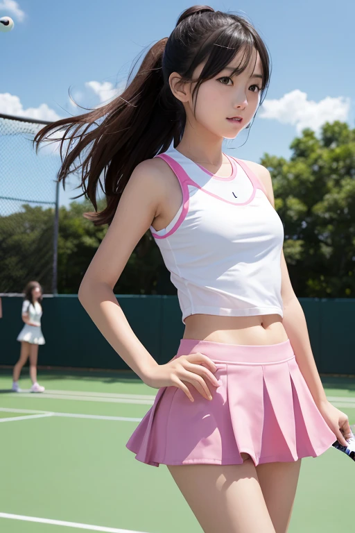 masterpiece, Highest quality,Very detailed,High resolution,(Realistic, photoRealistic:1.37),Excellent anatomy,1 person,(height: 152 cm),1 person,Cowboy Shot,Front view,Tennis Girl,Very beautiful face,Cute type,A small smile,Big Natural Color Lip,Big and beautiful eyes,Brown eyes,Obvious double,Small and cute nose,Soft light brown long hair,Asymmetrical bangs,Floating Hair NovaFrog Style,(((Pink tennis wear))),(((White super short mini skirt:1.5))),((Tennis court:1.3)),Soft Light,RAW quality,Soft Skin,(Glowing Skin,Sweaty:1.4),Beautiful Hands,Five strong fingers,Beautiful legs,Voluptuous thighs,Plump body,Huge breasts,(Expresses the roundness and softness of the chest area..........1),Beautiful body,(Perfect Woman),((Skirt flip:1.5)),((Are you okay:1.5)),((Provocative dynamic pose:1.5)) nsfw,(((no panties:1.6))),spreading legs,(((spread pussy:1.6)))