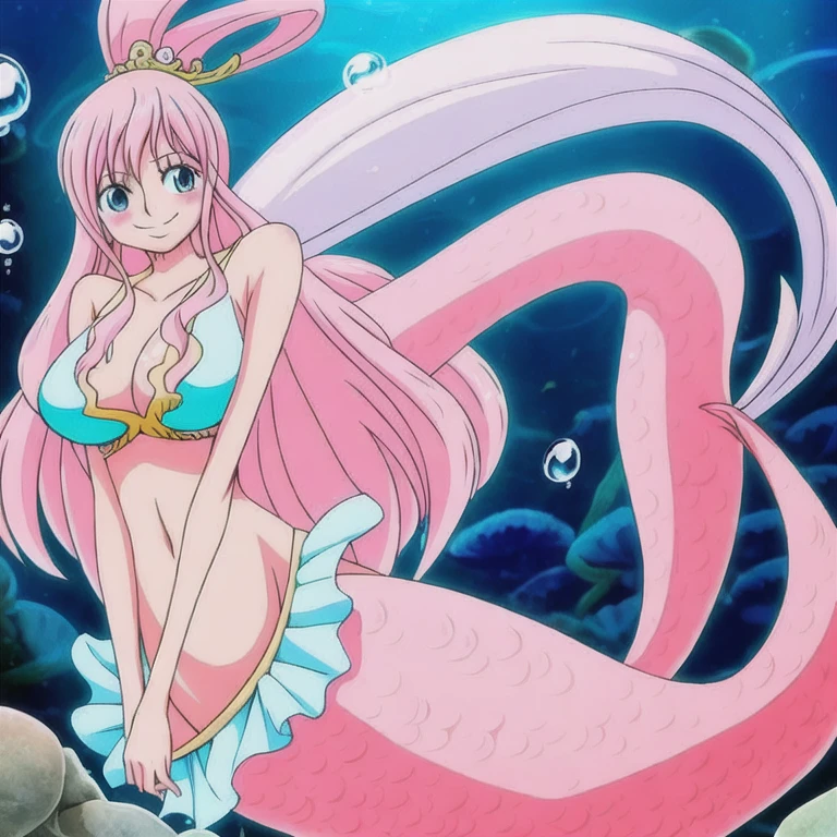 Shirahoshi/Princess White Star/Shirahoshi/Onepiece/Pirate King, mermaid, pink hair, pink mermaid tail, scales mermaid tail, pink eyes, smile, large breasts, underwater sea, fish, bubble airs,