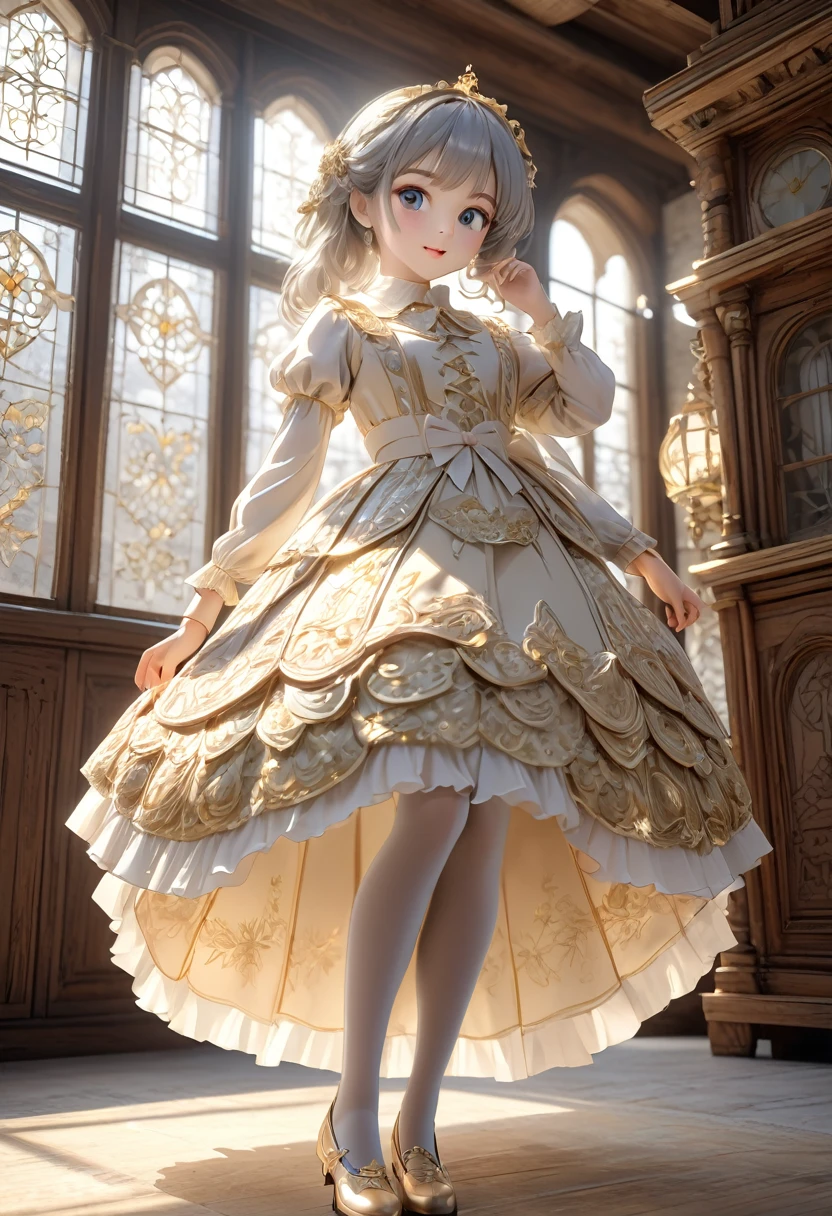 (Highly detailed CG Octane render 8k wallpaper), The most beautiful works of art in the world, Full body shot from below, Complex, high detail, ８Year old girl, Gold and silver embroidery, Cream medieval long dress（With panniers）, Crystal clear fabric, Pull up your skirt, Strong winds, Transparent slip, Translucent tights, Peeking from below, Best Quality, Disarray of clothing, Lying down, underwear, Show off your thighs, night, Skirt lining, Bloomers