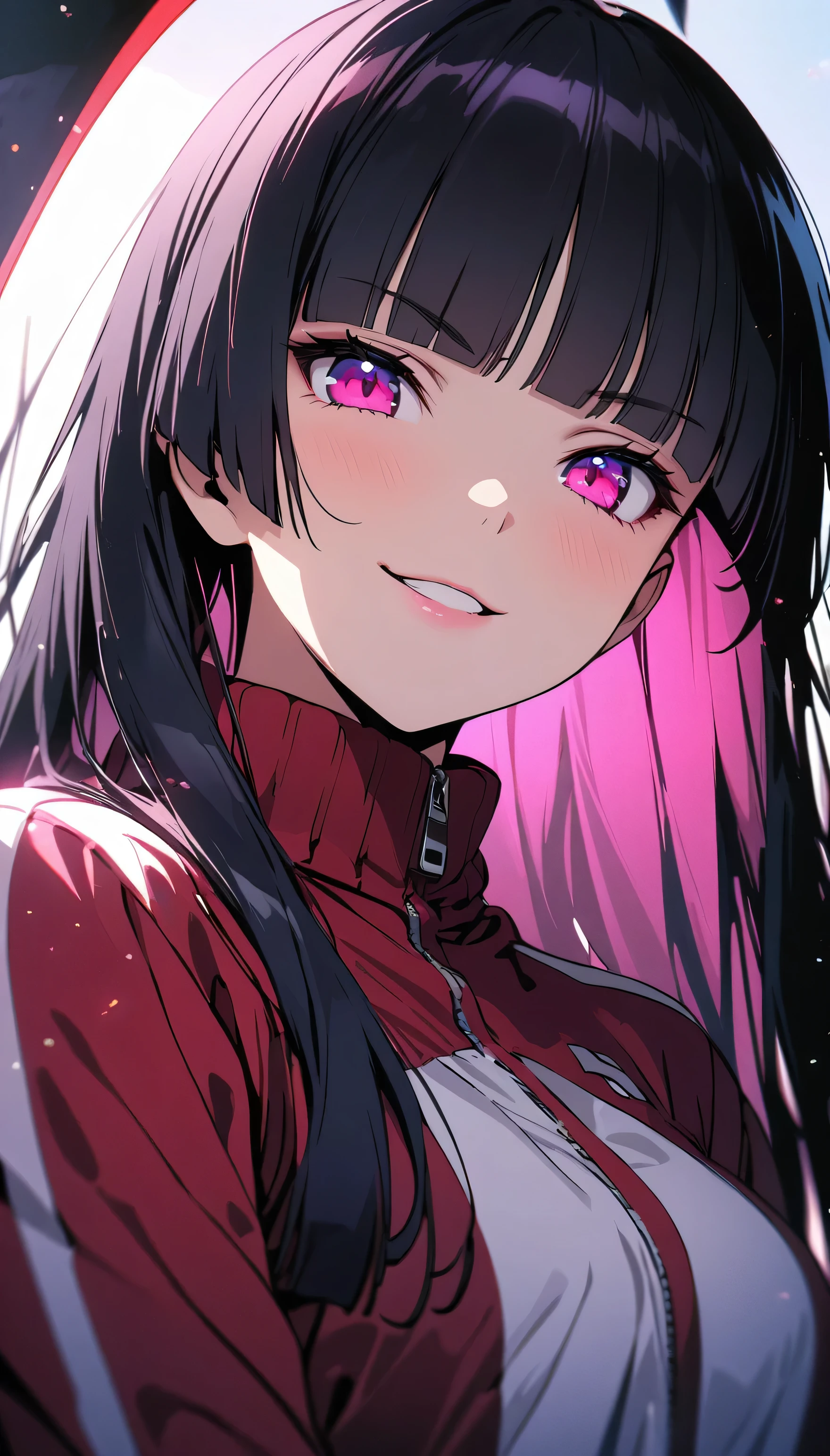 (beautiful girl: 1.3),1girl,masterpiece, Highest quality, Ultra-high resolution,rich contrast,super high quality,8k,Highly detailed CG unit wallpaper,texture,Incredibly absurd,Ultra-high resolution,RAW Photos,Depth of Field 1.2,(blunt bangs,long hair,Black Hair),Ultra-detailed eyes,Glowing Skin,Glitter effect,Beautiful glossy lips,(medium-violet-red sweatpants:1.3), (The jacket is a medium-violet-red track jacket:1.3),((scythe)),A golden rural landscape with rich, ripened rice plants swaying in the wind, making the expansive rice fields look like a sea of gold,gokou ruri,smug,Puffing out the chest