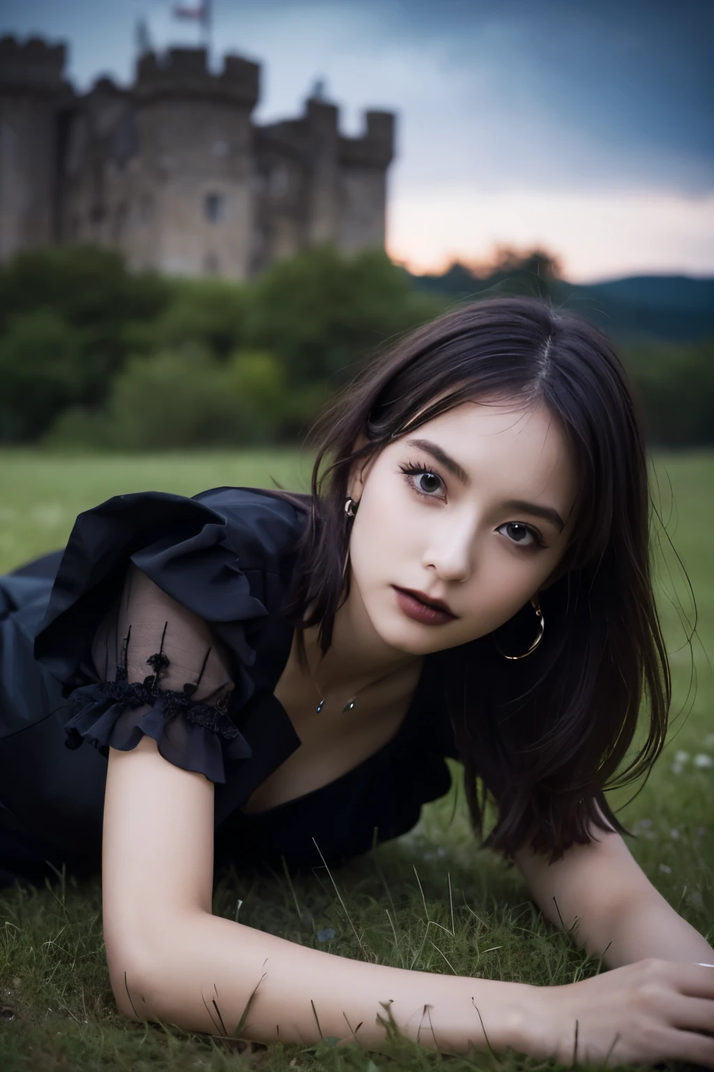 1 girl, (She is wearing a gothic black dress.:1.2), Very beautiful Japanese idol portraits, (RAW Photo Best Quality), (Realistic, Realistic:1.4), (masterpiece:1.4), 
Very delicate and beautiful, Very detailed, 2k wallpaper, wonderful, finely, Very detailed CG Unity 8K wallpaper, Very detailed, High resolution, Soft Light, 
Beautiful detailed girl, Very detailed目と顔, Beautiful and elegant nose Beautiful and beautiful eyes, Cinema Lighting, 
(She is standing in front of an abandoned medieval castle:1.3), (Night Sky, milky way), (Girl full body silhouette:1.2), (Dark screen:1.5), (Desolate landscape), (I am so lonely),
(Medium Hair), (Disheveled Hair), (Lying on the ground:1.5),
Perfect Anatomy, Slender body, Small breasts