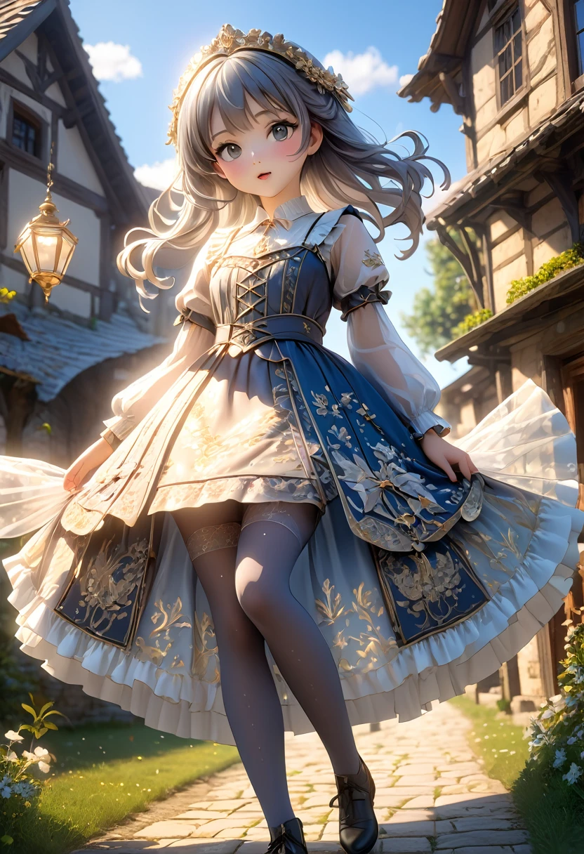 (Highly detailed CG Octane render 8k wallpaper), The most beautiful works of art in the world, Full body shot from below, Complex, high detail, ８Year old girl, Gold and silver embroidery, Translucent medieval long dress（With panniers）, Crystal clear fabric, Pull up your skirt, Strong winds, Transparent slip, Translucent tights, Peeking from below, Best Quality, Disarray of clothing, Lying down, underwear, Show off your thighs, night, Skirt lining, Bloomers