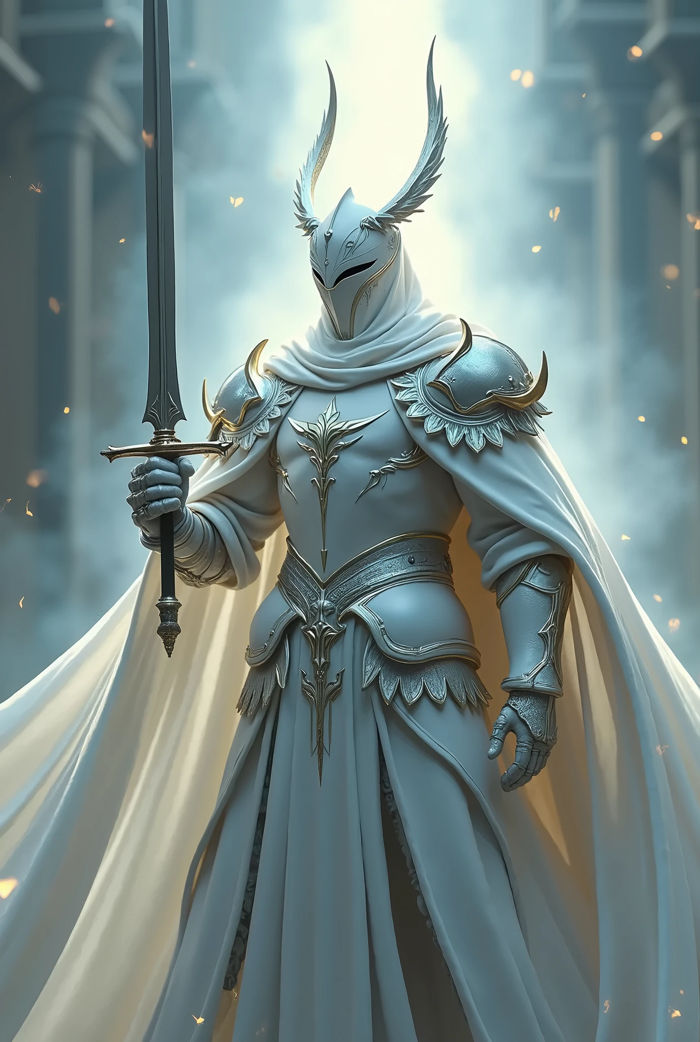 1 holy knight, ornate decorated armor, silver white armor with white cloak, silver white helmet, knight wielding sword raised above head, aura effect surrounding whole body, paladins, sacred art, divine power, divine knight, masterpiece, 8k, hyper detailed, high quality, intricate, photorealistic, studio lighting, volumetric lighting, dramatic lighting, dynamic pose, cinematic composition, elegant, regal, majestic, heroic, epic, radiant, glowing, ethereal