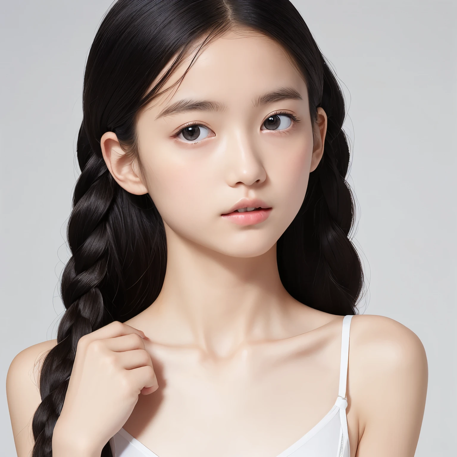Generates a real front-facing photo of a teenage Korean girl with Kardashian-style pigtails