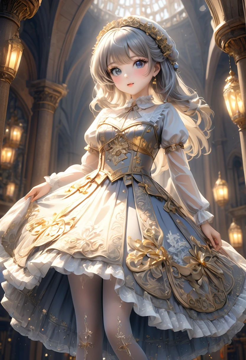 (Highly detailed CG Octane render 8k wallpaper), The most beautiful works of art in the world, Full body shot from below, Complex, high detail, ８Year old girl, Gold and silver embroidery, Medieval long gauze dress（With panniers）, Crystal clear fabric, Pull up your skirt, Strong winds, Transparent slip, Translucent tights, Peeking from below, Best Quality, Disarray of clothing, Lying down, underwear, Show off your thighs, night, Skirt lining, Bloomers