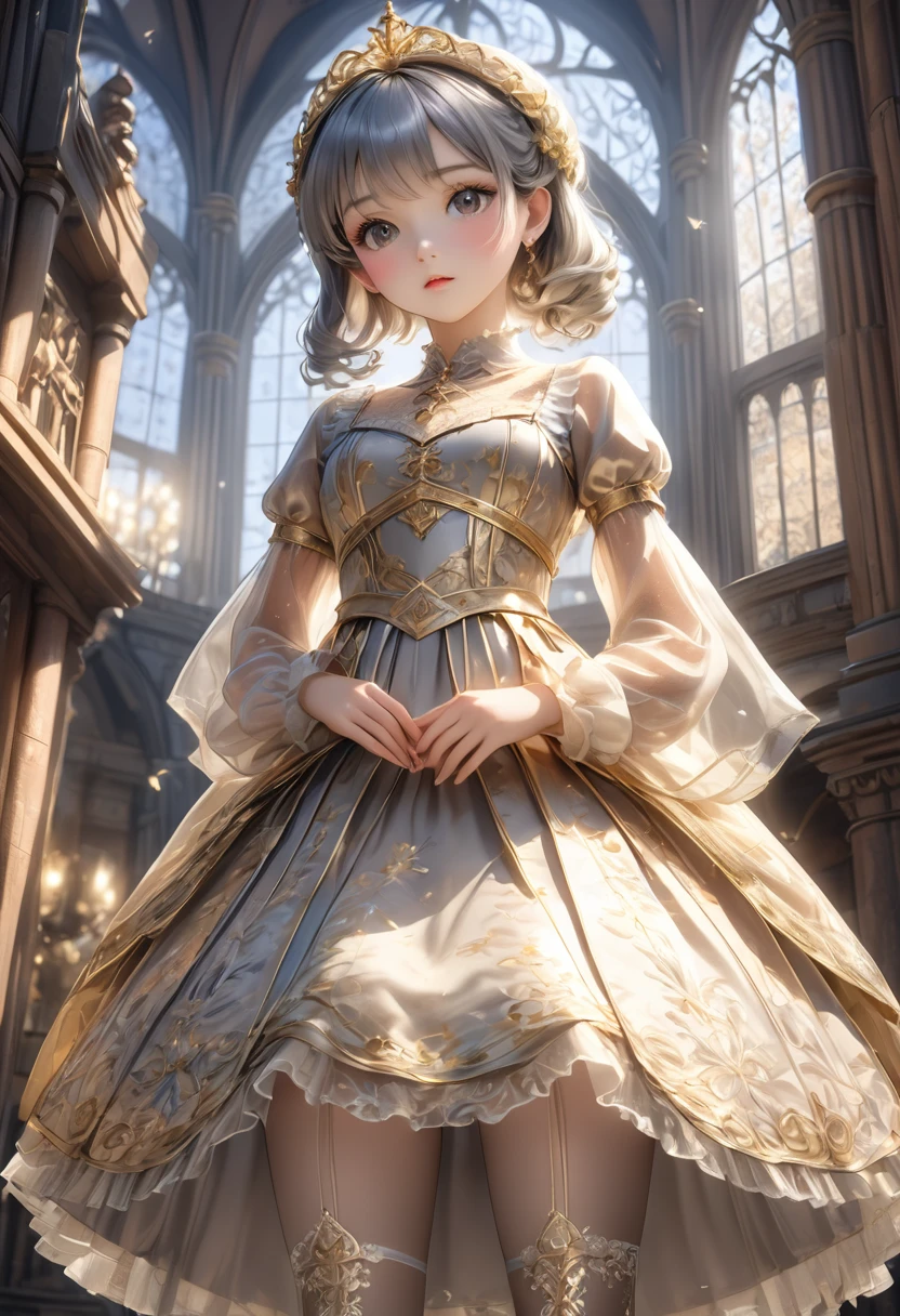 (Highly detailed CG Octane render 8k wallpaper), The most beautiful works of art in the world, Full body shot from below, Complex, high detail, ８Year old girl, Gold and silver embroidery, Medieval long gauze dress（With panniers）, Crystal clear fabric, Pull up your skirt, Strong winds, Transparent slip, Translucent tights, Peeking from below, Best Quality, Disarray of clothing, Lying down, underwear, Show off your thighs, night, Skirt lining, Bloomers