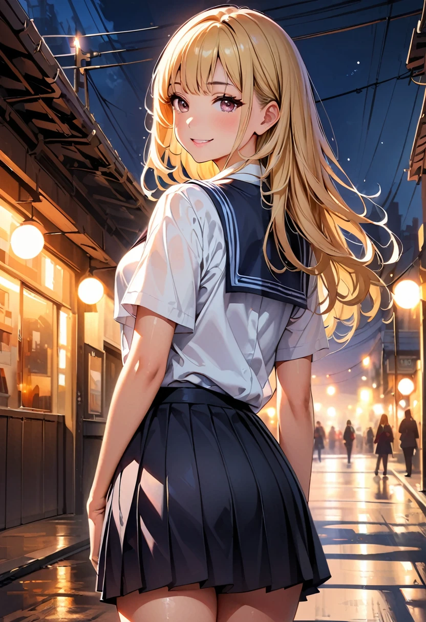 Beautiful long blonde Wearing a sailor suit Pleated skirt mini skirt Long sleeve ponytail Shyness Tears overflow from my eyes Blowjob sideBlowjob City of night Licking a utility pole