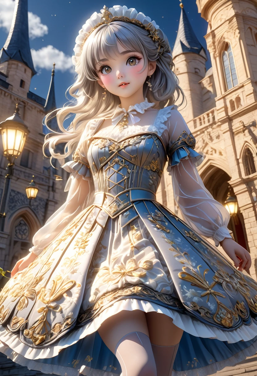 (Highly detailed CG Octane render 8k wallpaper), The most beautiful works of art in the world, Full body shot from below, Complex, high detail, ８Year old girl, Gold and silver embroidery, Medieval Long Dress（With panniers）, Crystal clear fabric, Pull up your skirt, Strong winds, Transparent slip, Translucent tights, Peeking from below, Best Quality, Disarray of clothing, Lying down, underwear, Show off your thighs, night, Skirt lining, Bloomers