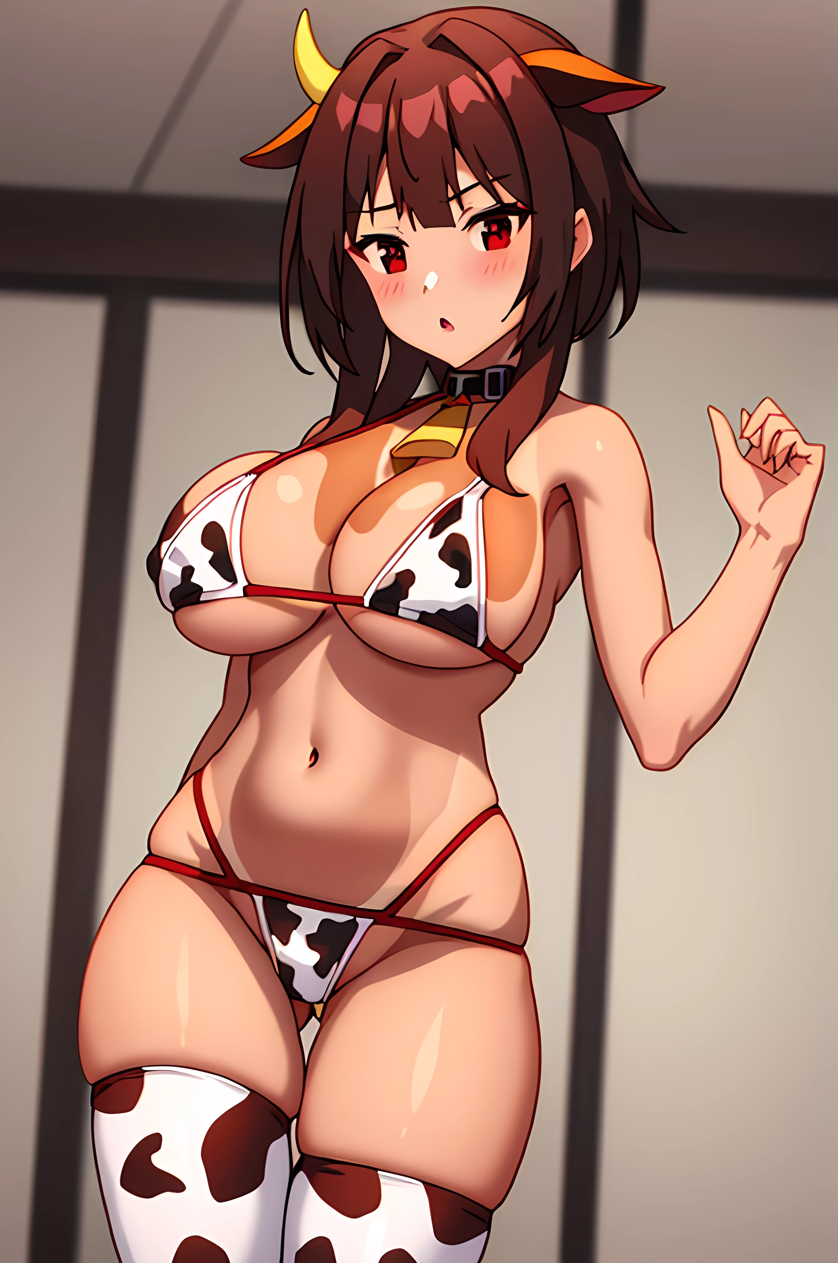 1girl, solo, large breast, masterpiece, professional artwork, famous artwork, perfect face,fullbody,megumin, red eyes, hairclip, brown hair, cowboy shot, glossy hair, beautiful face, intense look, ((perfect female body, narrow waist)), background classroom,((tan lines)), looking at viewer, (((cow print bikini))), standing, (close up), cleavage, bunny ears, ((cow print stockings)), wide thighs