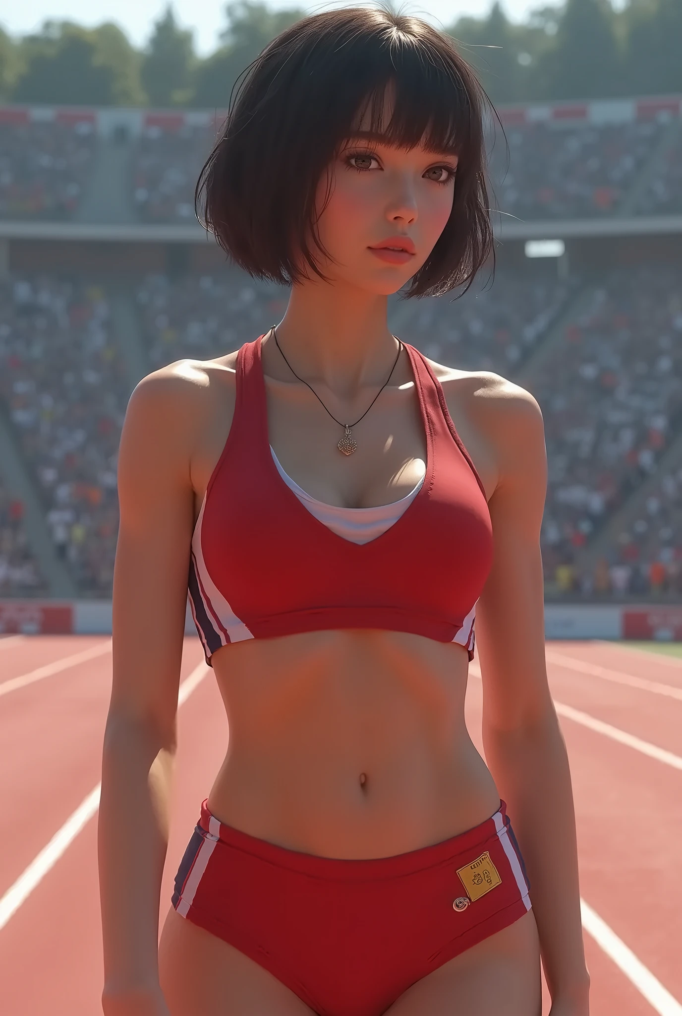((Track & Field Athletes Women))、(((1人)))、Tank tops、((stadium))、kawaii、full bodyesbian、athletic field、(((underpants)))、((A sexy))、((High exposure))、Short-cut hairstyles 、Women in Japan、Photorealsitic、Beautiful detailed eyes、Hyper-Realism、highcontrast、Ultra HD、realistic skin textures、Top image quality、top-quality、超A high resolution、Fine details、Very meticulously