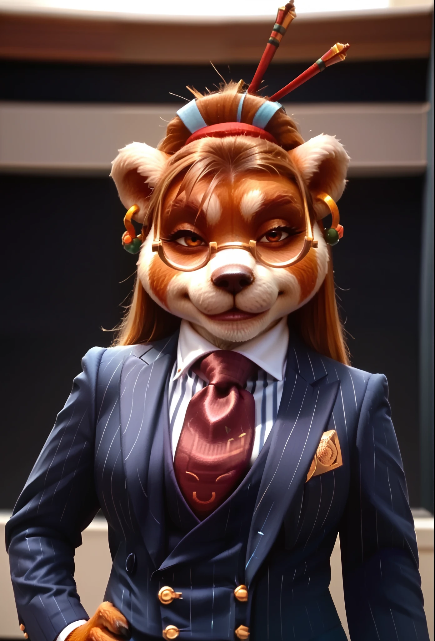 score_9, score_8_up, score_7_up, score_6_up, score_5_up, score_4_up, 1girl, breasts, furry, animal ears, brown hair, brown eyes, earrings, jewelry, hair ornament, glasses, hair stick, three-piece suit, 1girl, formal, jewelry, suit, red striped necktie, waistcoat, navy pinstripe jacket, blue striped shirt with white collar, white shirt collar, shirt, skirt, smirk, smug, cufflinks, looking at viewer, close up, office background, superior, boss lady, hand on hip, portrait, looking down nose, sassy, fixing tie