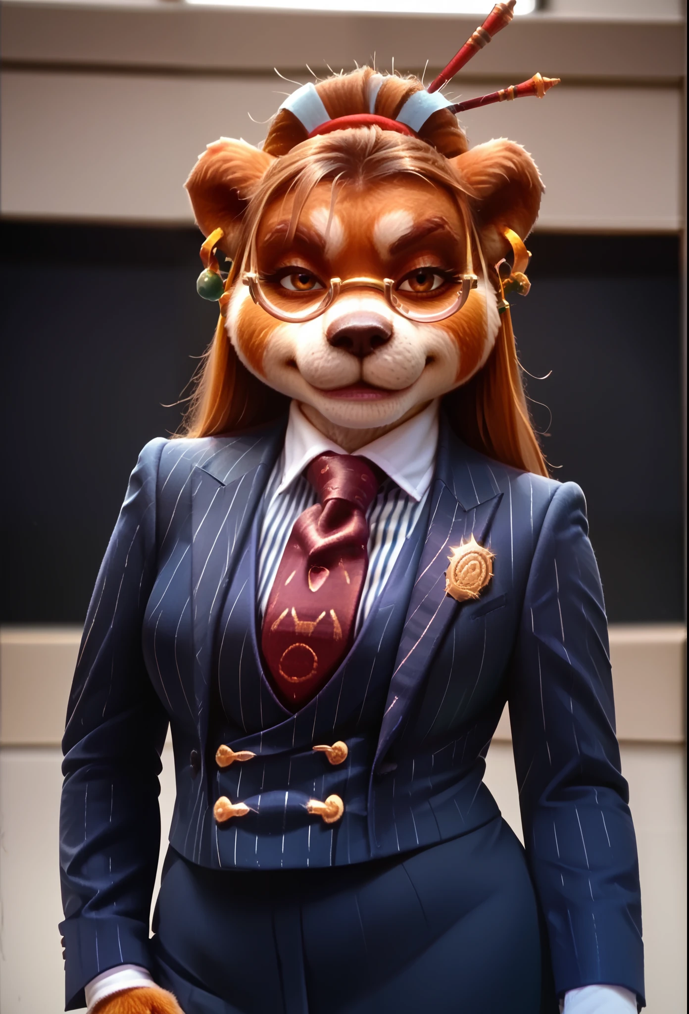 score_9, score_8_up, score_7_up, score_6_up, score_5_up, score_4_up, 1girl, breasts, furry, animal ears, brown hair, brown eyes, earrings, jewelry, hair ornament, glasses, hair stick, three-piece suit, 1girl, formal, jewelry, suit, red striped necktie, waistcoat, navy pinstripe jacket, blue striped shirt with white collar, white shirt collar, shirt, skirt, smirk, smug, cufflinks, looking at viewer, close up, office background, superior, boss lady, hand on hip, portrait, looking down nose, sassy, fixing tie