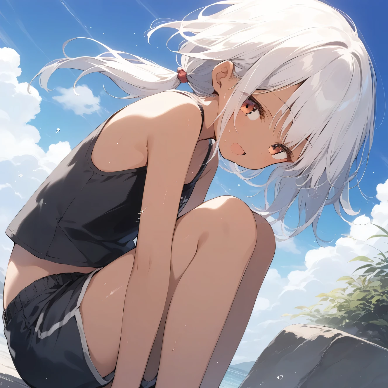 score_9, score_8_up, score_7_up, source_anime, best quality, masterpiece, official art, absurdres, highres, ultra-detailed,waifu2x,Collection: Slice of Life,break,1girl, tomboy, dark-skinned female, short hair, low ponytail, flat chest, beautiful detailed eyes, shorts, sweat, open mouth, (yawn:0.3), sleepily, outdoors, wind, (Detailed Lighting), (Detailed background),break,(clear line illustration:1.2), super detailed skin,very high resolution, very aesthetic cg, Best sexual lighting powered by famous artist, 8k, 16k, cute picture, beauty illustration,photoshop_(medium),,(Detailed Lighting),best anime 8k konachan wallpaper, pixiv contest winner, ((artist:takeuchi_takashi )),