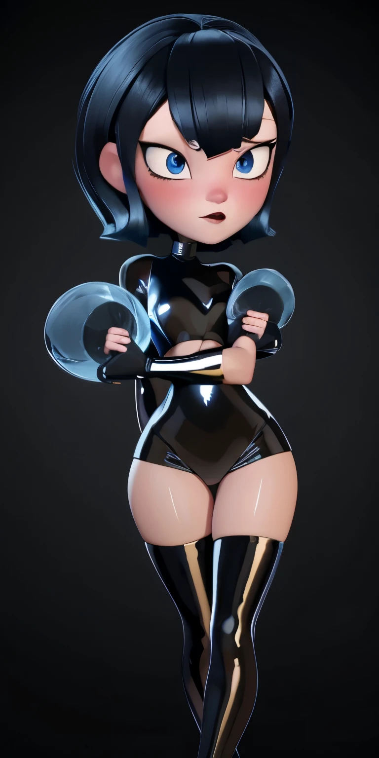 (best quality:1.4),(shiny skin), body focus, (cute face), (((best quality))), illustration, ((Beautiful Finger)), , Beautiful body, Beautiful character design, ,perfect lighting, Colorful, Bright_Front_face_Lighting, ultra high res, highres, absurdres:1.2, bokeh:1.2, lens flare, (vibrant_color:1.2), (thick thighs:1.1), THICK, Black hair with bangs, pale skin, large round blue eyes, black eyeliner, black lipstick, neutral expression, ruffled bikini