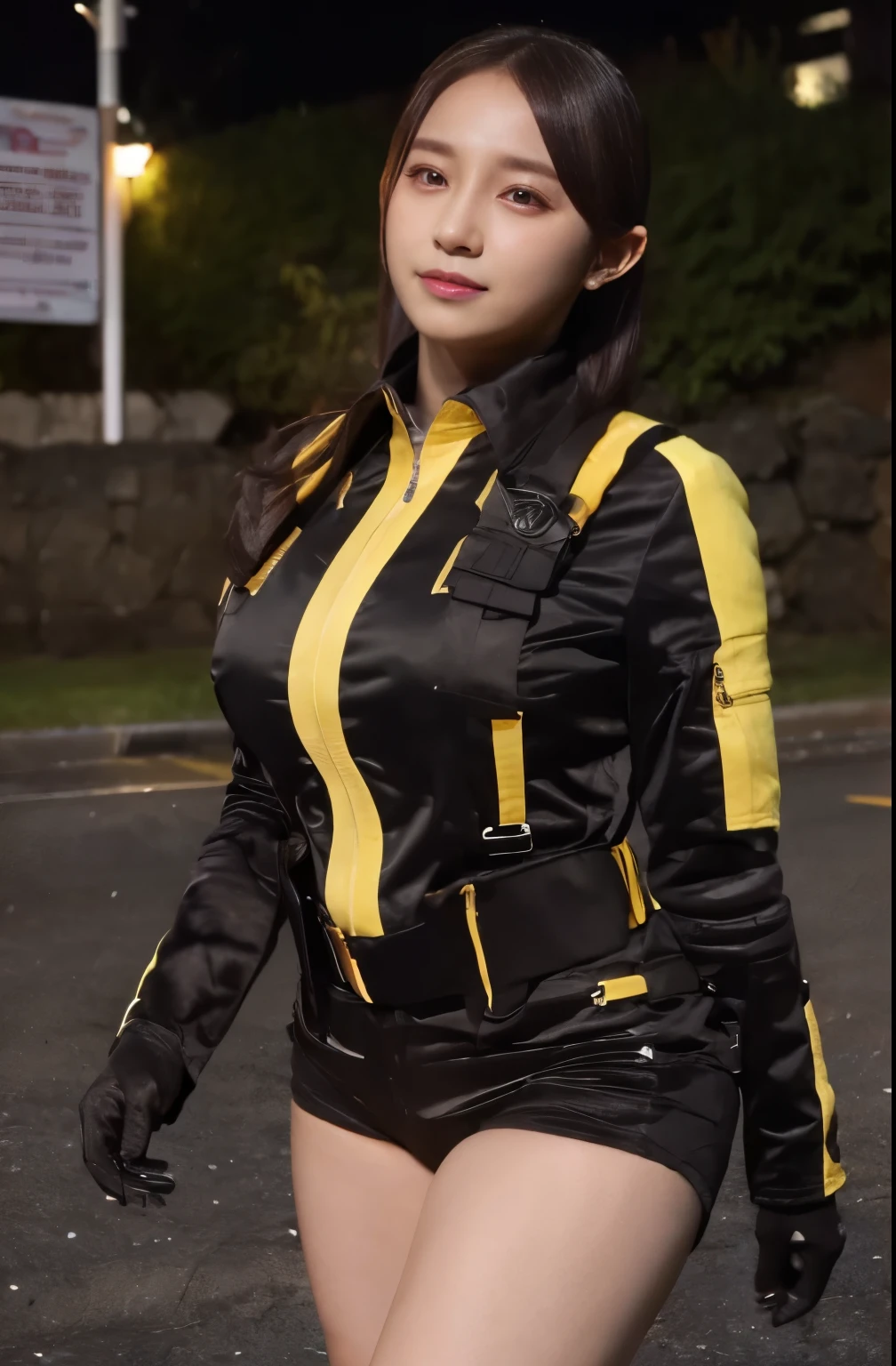(Very realistic), (Best Quality), ((round, Small and precise face)), Glowing Skin, Glowing Skin,Wide Hips,Chubby,Healthy Body,Yokozaki beauty々,Black gloves,clock,iris,short Shorts,black Shorts, Short boots,,jacket,Shorts, Black Hair,Short Hair,Big Breasts,Adult female,Heavy bangs,smile,,Her breasts are very large and voluptuous.,You can see the shape of your breasts even through clothes.,Push out the chest,The clothes are very tight on the body,Harness,Hair not tied up,Short Bob