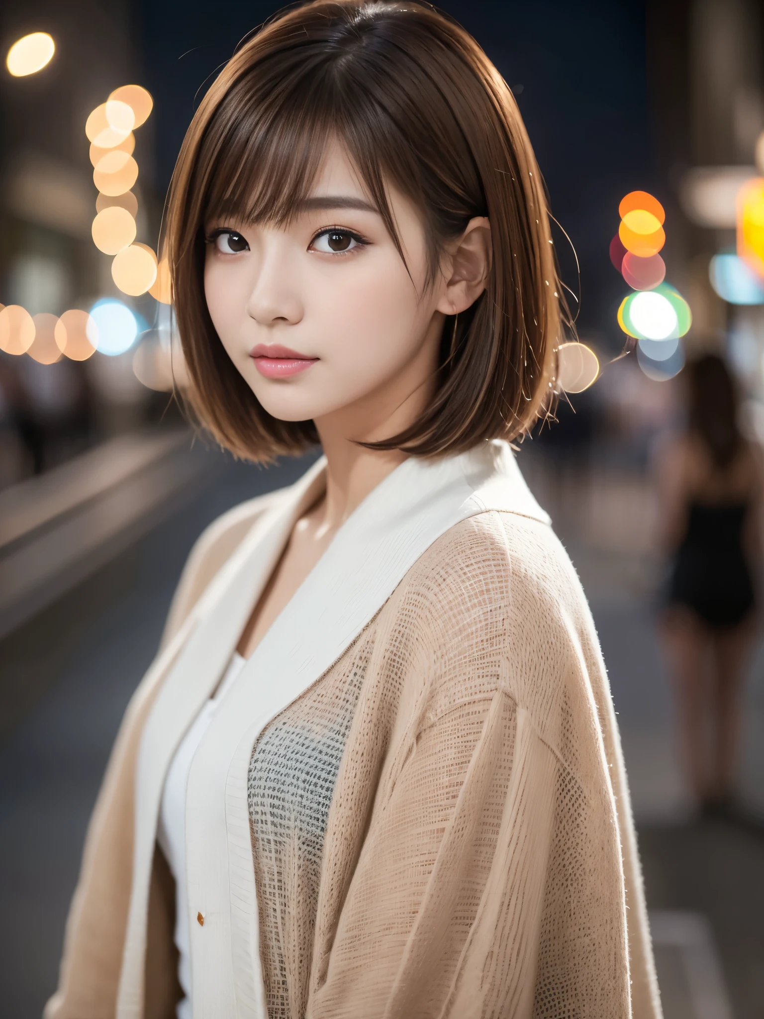 top-quality、ultra-detailliert、​masterpiece、realisitic、Photo Real、one girls、(Cute 17 year old girl、small head)、(kawaii:1.2)、smil、(Brown hair、Short bob hair)、eyes are brown、perfect glossy skin、Double eyelids、with round face、((A slender))、((Perfect body))、accurate depiction、Zippered hoodie、large full breasts、Focus on the chest、Night city、Blur the background