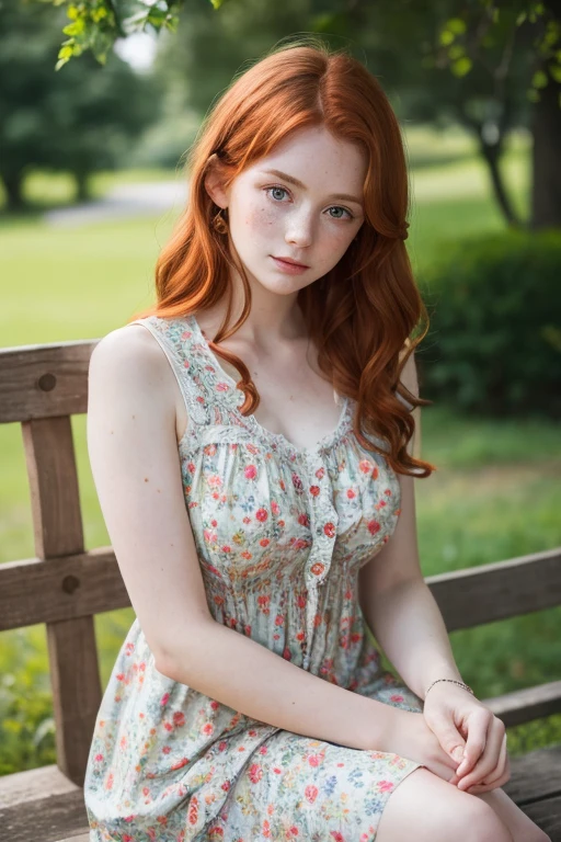 1 girl, 2, Lifting up her colorful floral sundress, complex details, hyperdetailed, Aesthetic artwork, Irish Redhead, Wavy Red Hair, Shoulder-length hair, Grey Eyes, A few small freckles, Pale skin, (Textured skin, Skin pores:0.7), (mole:0.5), Not perfect skin, It gives me goosebumps, Sit with your legs apart, (Highly detailed 8K wallpapers), Soft lighting, high quality, Film Grain, Fujifilm XT3 Sharp Focus, f 5.6, 50mm, high detail, Sharp focus, (Natural Light)