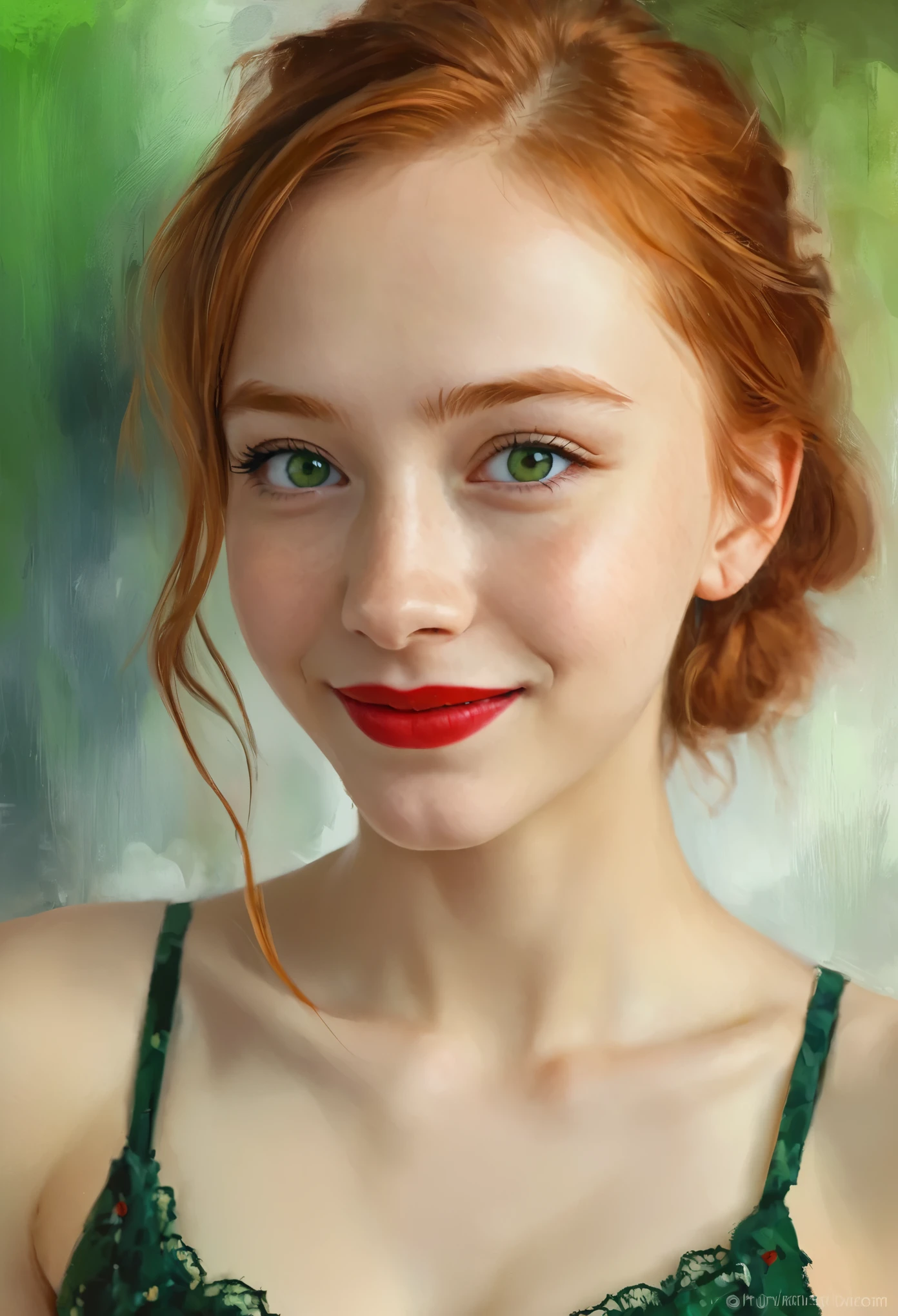 Beautiful  Girl Portrait, Small breasts, Complicated Dress, A kind smile, Red lips, Ginger Hair, Green Eyes, realism, DIGITAL PAINTING, Concept Art, , Sharp focus, Three-part method, Style Psycho