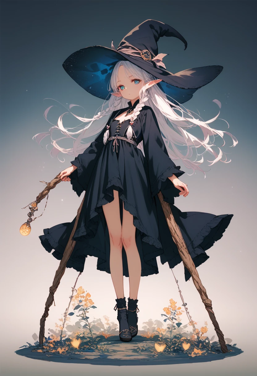 score_9, score_8_up, score_7_up, source_anime, beautiful, full body, Perfect Eyes, Perfect Face, Perfect lighting, 1 girl, Elf, Slender, (tiny height:1.3), Long Braids Hair, witch, Robe, Pointed Hat, sliver Hair, small Breasts