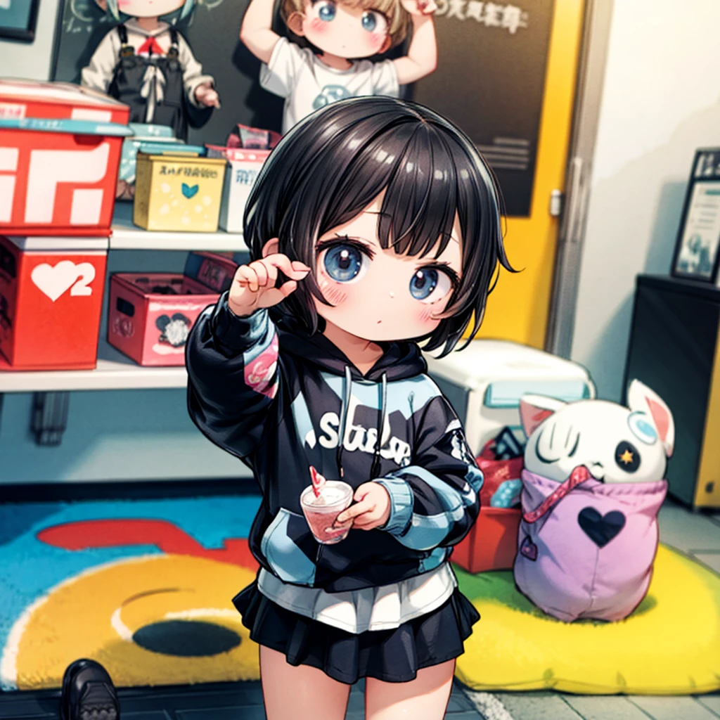 Chibi、cute、Best Quality、Masterpiece、Super detailed、3Ⅾ、32K、High definition、Black hoodie and mini skirt、Heartwarming、Pastel colors、cuteがあふれている、