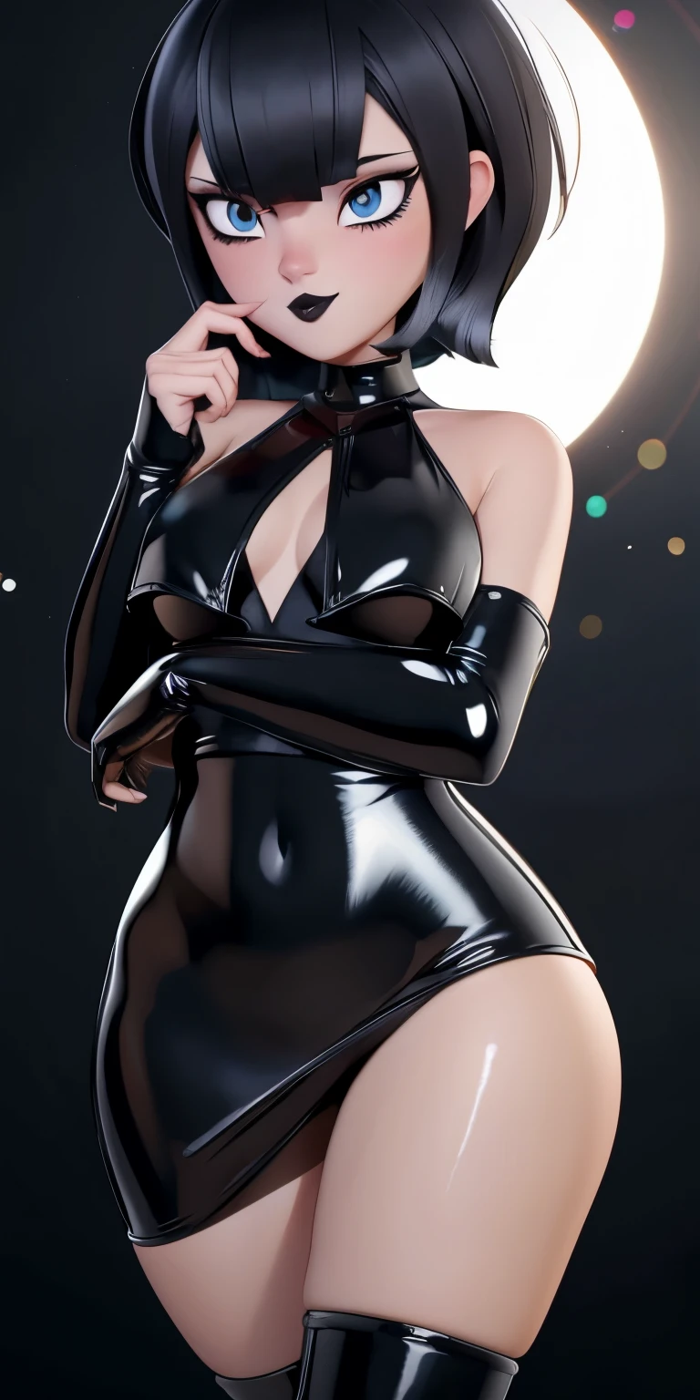 (best quality:1.4),(shiny skin), body focus, (cute face), (((best quality))), illustration, ((Beautiful Finger)), , Beautiful body, Beautiful character design, ,perfect lighting, Colorful, Bright_Front_face_Lighting, ultra high res, highres, absurdres:1.2, bokeh:1.2, lens flare, (vibrant_color:1.2), (thick thighs:1.1), THICK, Black hair with bangs, pale skin, large round blue eyes, black eyeliner, black lipstick, neutral expression, ruffled bikini