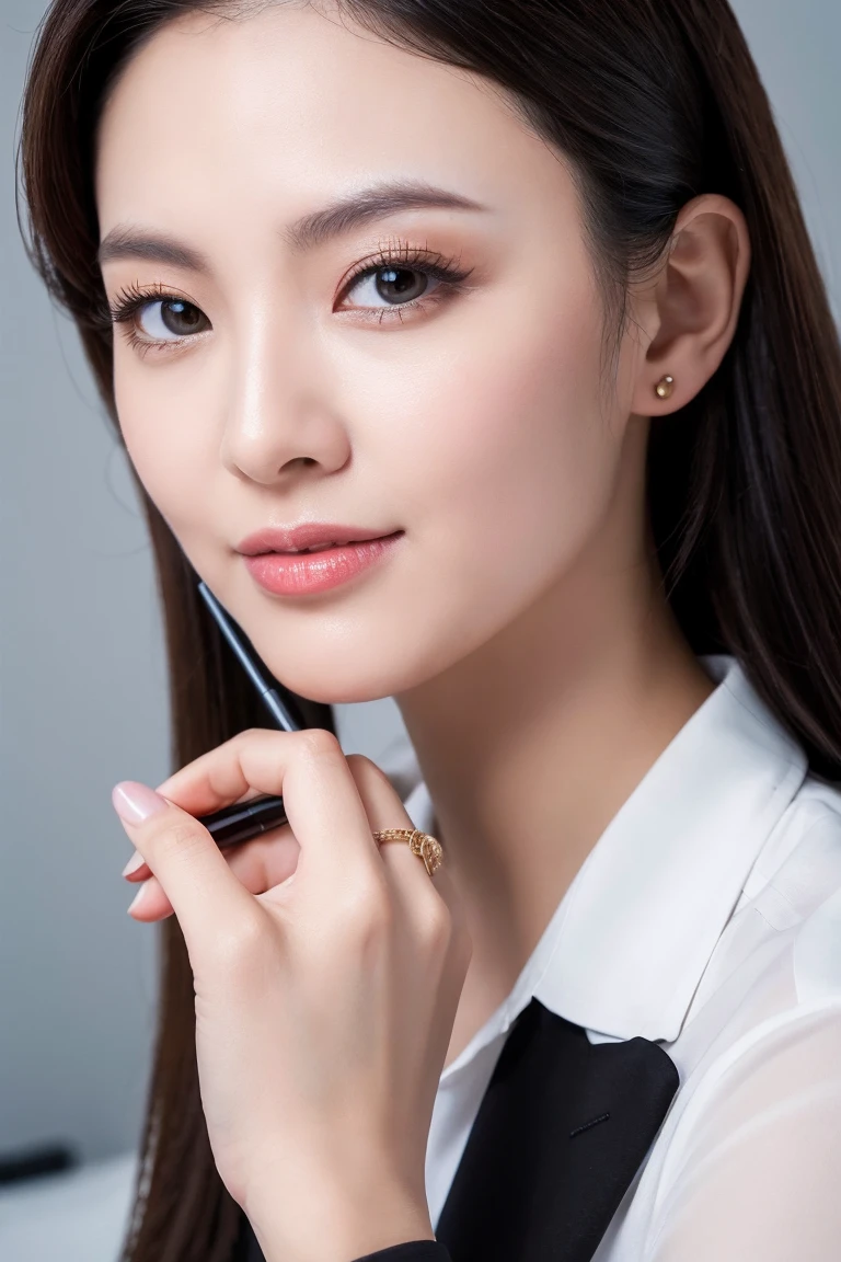 (Super beautiful woman)、((highest quality、8K masterpiece:1.3))、sharp focus:1.2、(super beautiful face:1.0)、(shiny skin:1.0)、realistic pictures、black hair、video lighting、High resolution eyes and face、video lighting、japanese actress、from the front、with a happy smile、whole body、Brush your hair up with your fingers.