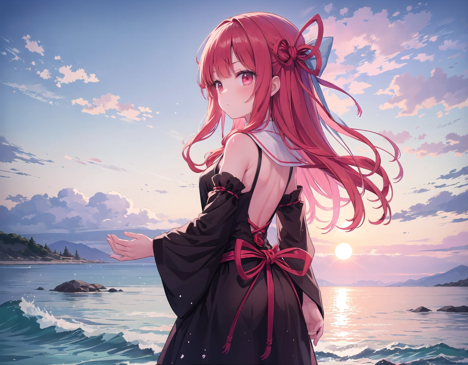 (masterpiece of the highest quality:1.2), One Girl, Kotonoha Akane,written boundary depth,magnificent panorama view:1.4,horizon,Cinema Lighting,Hair Ribbon:1.2,Black Dress,Wide sleeves,Expose your shoulders,Standing on the edge of a calm sea as the sun sets,:1.2,back view,reflecting water surfac,emotional:1.3,Wave,painful,Detailed hands