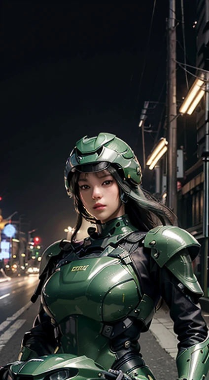 Highest image quality, outstanding details, ultra-high resolution, (realism: 1.4), the best illustration, favor details, highly condensed 1girl, with a delicate and beautiful face, dressed in a black and green mecha, wearing a mecha helmet, holding a directional controller, riding on a motorcycle, the background is a high-tech lighting scene of the future city.Ninja girl Cyborg. Red suit.