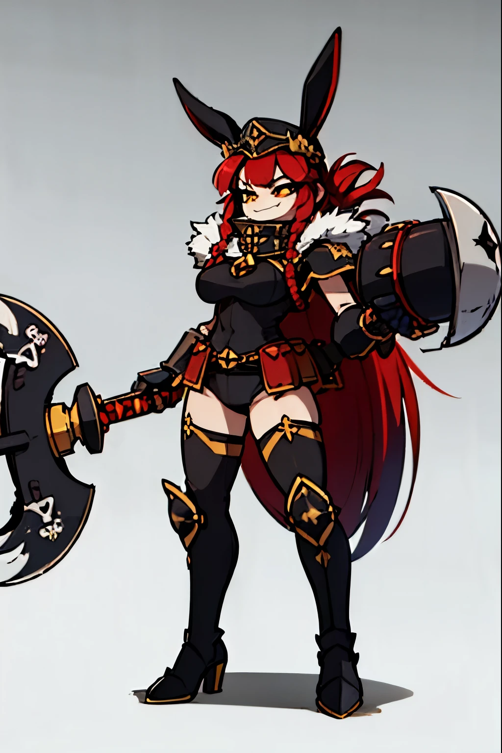 1gir, solo, breasts, red-hair, blue-eyes, dark-skinned-female, ((dark-skin)), huge-breasts, muscular-femal, weapon, smile, simple-background, thighs, very-long-hair, full-body, thick-thighs, looking-at-viewer fur-trim, holding, axe, high-heels, boots, over-shoulder, standing, belt, weapon-over-shoulder, hair-ornament, ahoge