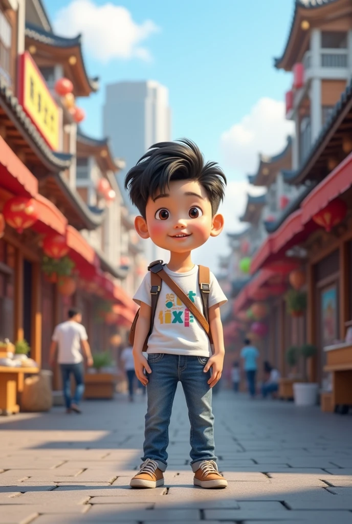 Cute Korean boy wearing casual dress and stand in Korea street 3d render 8k realistic 