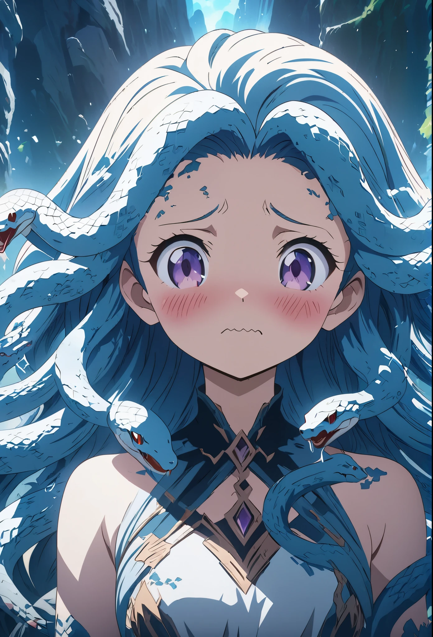 (masterpiece:1.2), (Best Quality:1.2), Ultra-high resolution, Very detailed, Medusa Girl, (Snake Hair:1.5),Blue Hair,Otherworldly fantasy, cute, Digital anime art,Anime style illustration,Anime illustration,Long Hair, Snake details, wavy mouth, blush