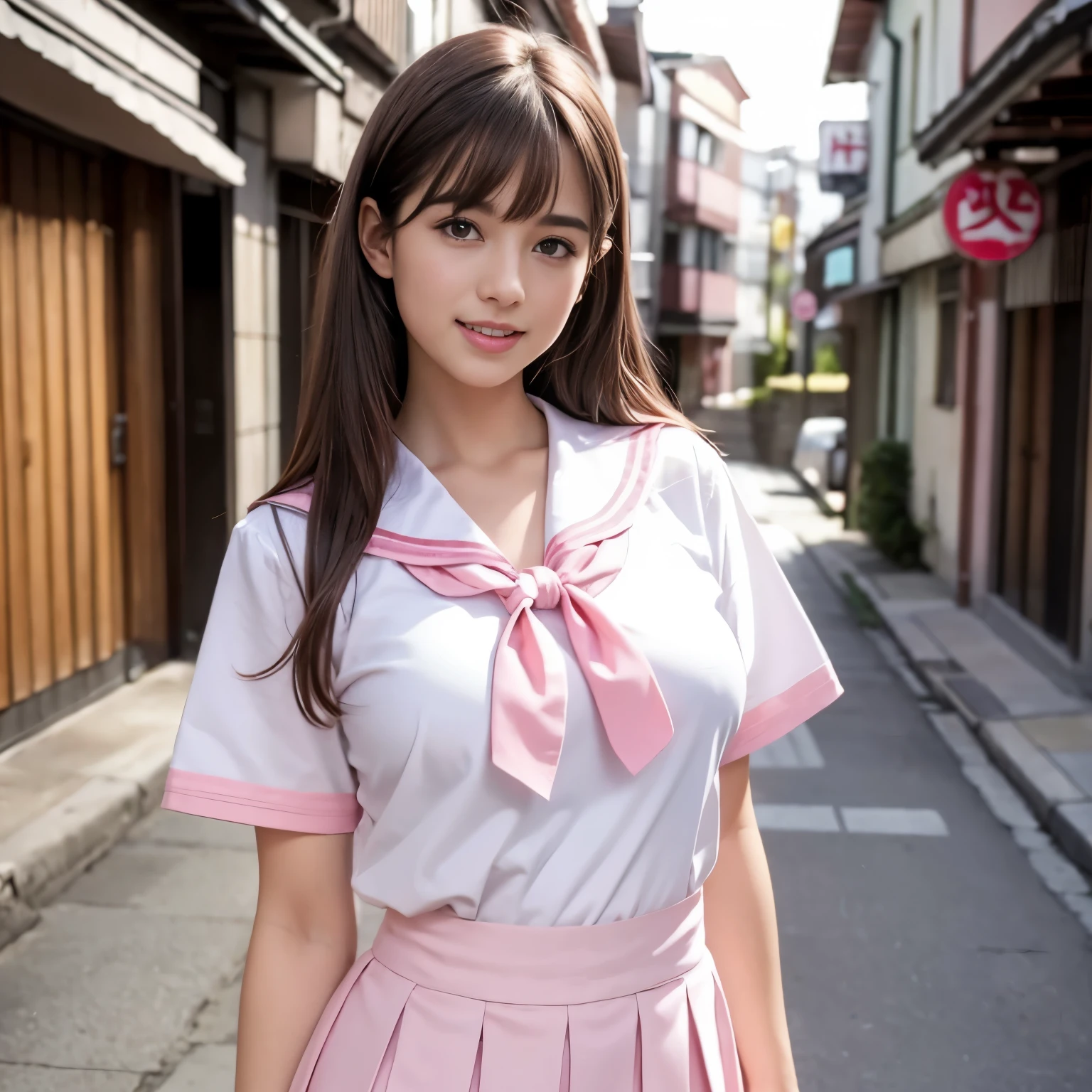 laughing out loud，pink collar, Wear student sailor uniform, Sailor uniform is white with pink collar，pink collar子，Pink pleated skirt，Pink navy collar，(knee shot), 1 girl, On the face, light brown hair, blunt bangs, hair behind ears, Hair over the shoulders, long hair, Slender body type, Super thin face, face slimming, delicate lips, beautiful eyes, Thin blush, Eyes are light brown,Check it out here, (realistic:1.3), Standing next to a Japanese street, 8k, , Super detailed, high quality, best quality, High resolution, ，Large Breasts，H CUP, 3