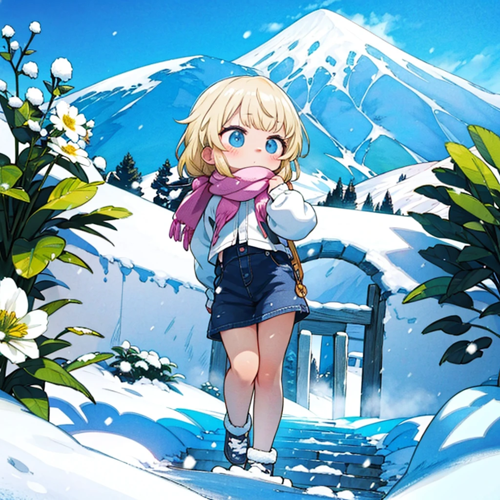 Beautiful blonde woman, flower, Snow covered mountain々, summer