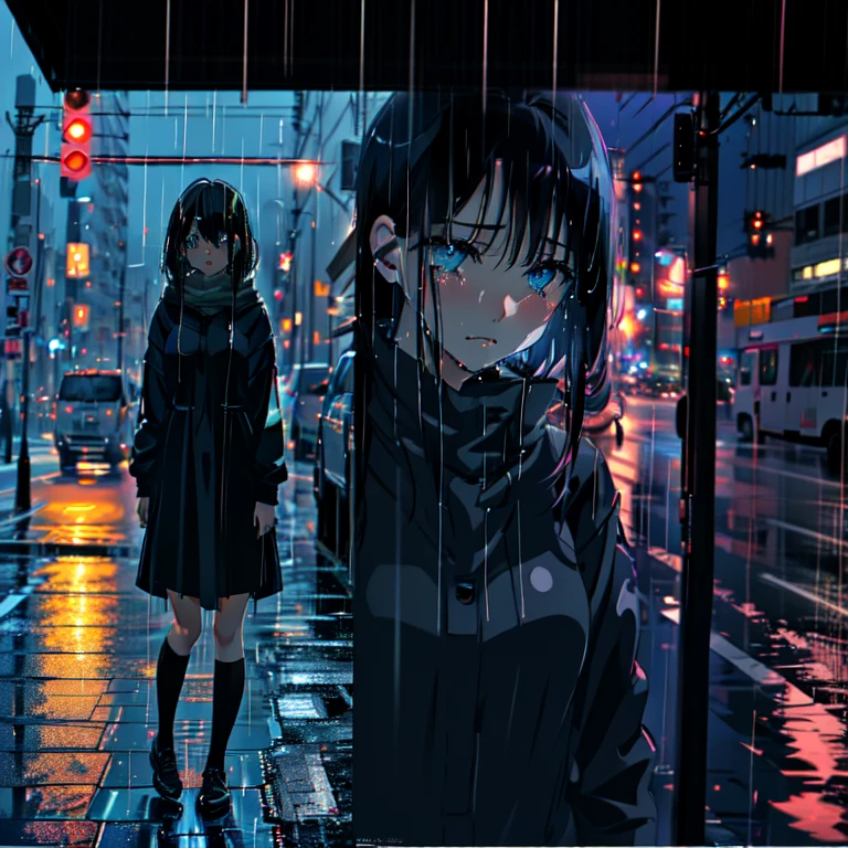 Sad anime girl with black hair and blue eyes crying in the night rain in the city. ai generated