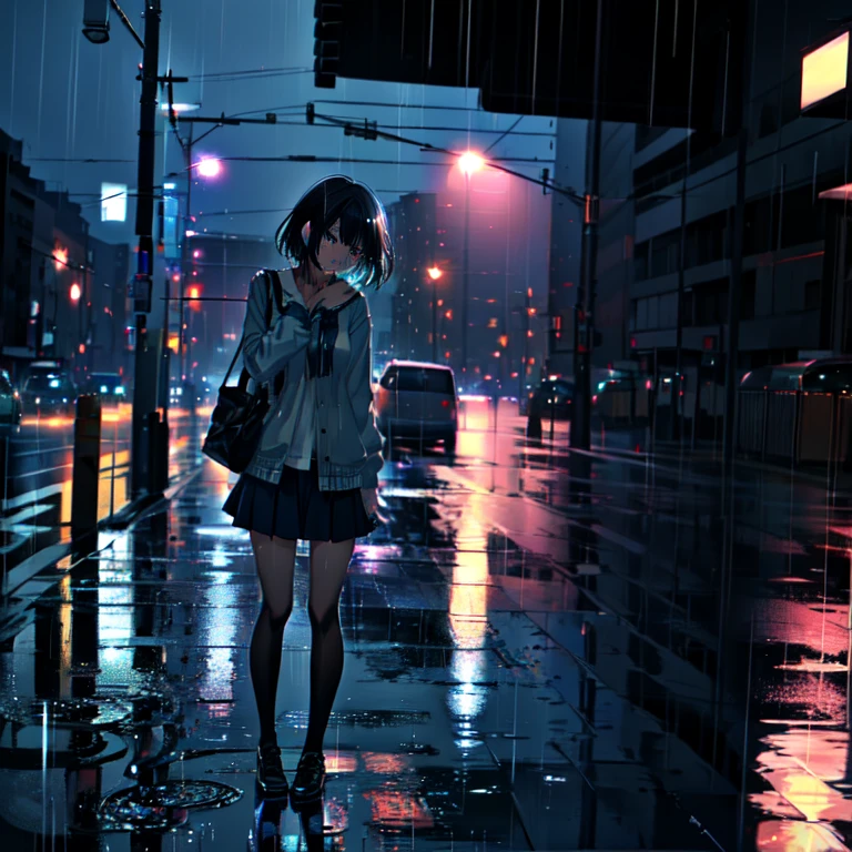 Sad anime girl with black hair and blue eyes crying in the night rain in the city. ai generated