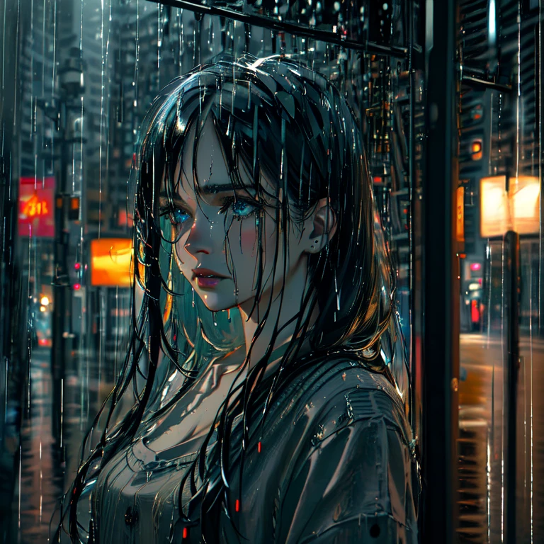 a girl with long black hair and blue eyes crying in the night rain in the city, beautiful detailed eyes, beautiful detailed lips, extremely detailed eyes and face, long eyelashes, melancholy, somber, moody, atmospheric, cinematic lighting, dark and gloomy, dramatic lighting, rain effects, wet hair, crying expression, urban environment, city street, night scene, 4k, 8k, highres, masterpiece, ultra-detailed, realistic, photorealistic, HDR, UHD, studio lighting, ultra-fine painting, sharp focus, physically-based rendering, extreme detail description, professional, vivid colors, bokeh