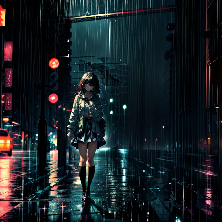 Sad anime girl with black hair and blue eyes crying in the night rain in the city