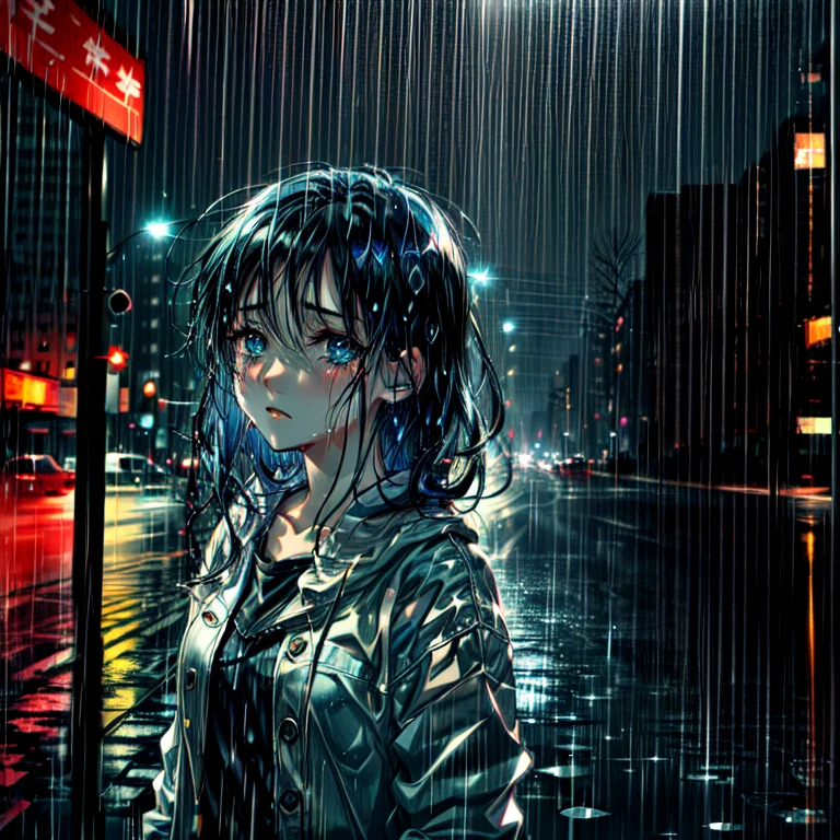 Sad anime girl with black hair and blue eyes crying in the night rain in the city