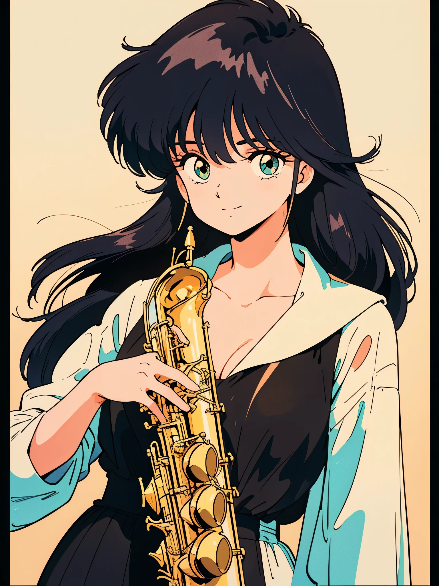 (masterpiece, Best Quality, High resolution:1.5, Anime Colors, 80Decade Style:1.2, sharp, 8k、Playing the saxophone), (Beautiful detailed eyes:1.5, Beautiful detailed face:1.2), Ayukawa Madoka One Girl, , (Black Hair, Long Hair), Large Breasts), (Neat clothes:1.2, smile), whole body(Perfectly detailed anatomy, Beautifully detailed hair, Beautiful detailed body:1.2, Shiny skin), (Thick outline, Beautiful outline, Black outline), 80Era Color:1.5