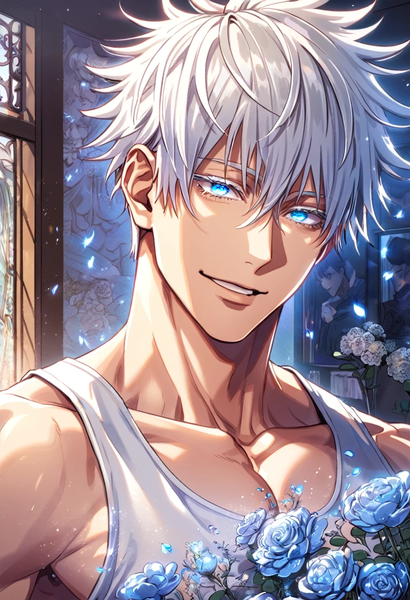 absurdres, highres, ultra detailed, HDR, master piece, Gojou Satoru, white hair with bangs, expressive blue eyes, white eyelashes, without shirt, Jujutsu Kaisen, sexy man, handsome, best quality, blue moon, flowers, fantasy, magical, solo, water, blue shining fireflies, blue petals, handsome smile, toned chest, bare chest, glass