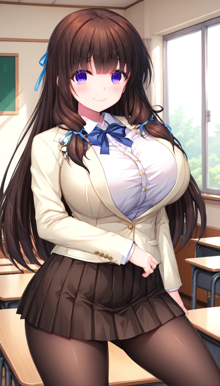 (masterpiece,best quality,high resolution,perfect and detailed anatomy:1.4,extremely detailed picture,wallpaper,cowboy shot:1.3,CG),alone,1girl,hetero,adult,perfect balance,beautiful character design,pale skin,((brown hair:1.4),(blunt bangs),(long hair:1.4),(Purple eyes:1.4),(perfect and detailed eyes:1.4),closed mouth:1.4,smile,blush),beautiful body,(large breasts),sui kayama,(hair blue ribbon:1.4),(white blazer:1.4),(white shirt:1.4),(brown pleated skirt:1.4),black pantyhose,standing,(classroom:1.4),(turn your face and body straight:1.4)