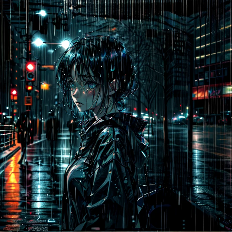 30 year old woman, lost look, Sad anime girl with black hair and blue eyes crying in the night rain in the city.