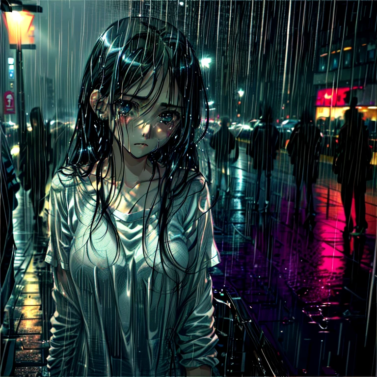 30 year old woman, lost look, long hair, Sad anime girl with black hair and blue eyes crying in the night rain in the city