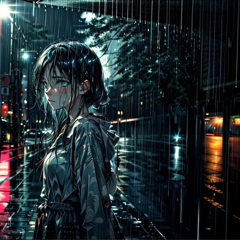 30 year old woman, lost look, long hair, Sad anime girl with black hair and blue eyes crying in the night rain in the city