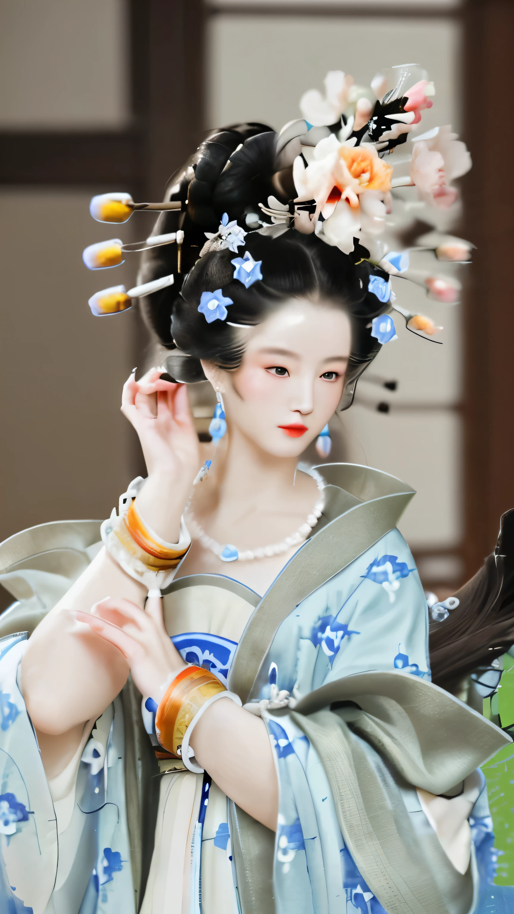 Digital photos of ancient Chinese beauties，Delicate face，round shaped face，Wearing flowers，Black hair，Long hair tied up，Hand holding hairpin，Delicate and slender hands。Complex intricate details，Photos of Du Lun