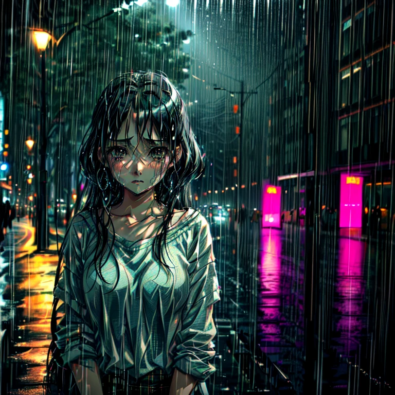 30 year old woman, lost look, long hair, sad anime girl with black hair and brown eyes crying in the night rain in the city