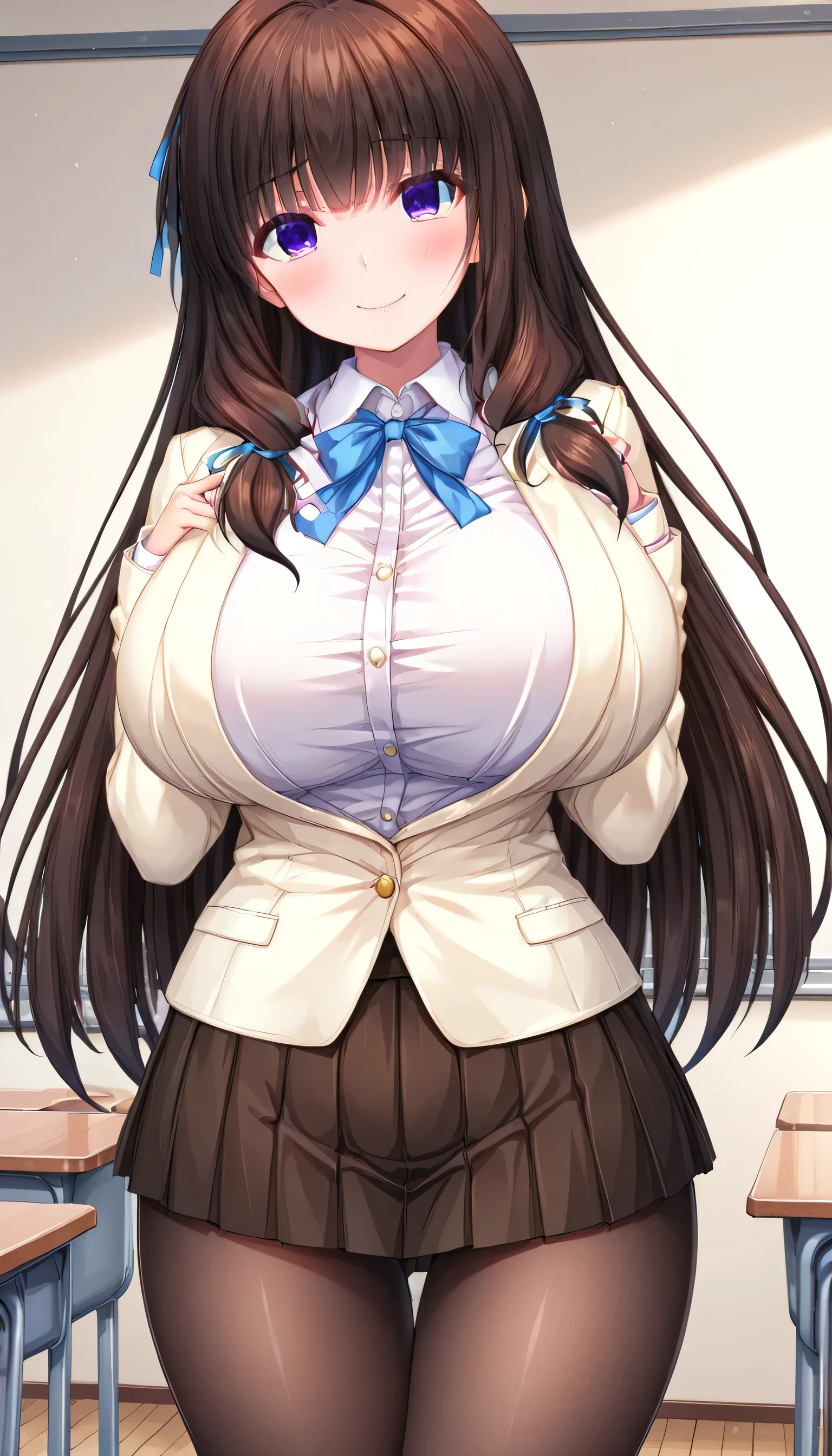 (masterpiece,best quality,high resolution,perfect and detailed anatomy:1.4,extremely detailed picture,wallpaper,cowboy shot:1.3,CG),alone,1girl,hetero,adult,perfect balance,beautiful character design,pale skin,((brown hair:1.4),(blunt bangs),(long hair:1.4),(Purple eyes:1.4),(perfect and detailed eyes:1.4),closed mouth:1.4,smile,blush),beautiful body,(large breasts),sui kayama,(hair blue ribbon:1.4),(white blazer:1.4),(white shirt:1.4),(brown pleated skirt:1.4),black pantyhose,standing,(classroom:1.4),(turn your face and body straight:1.4)